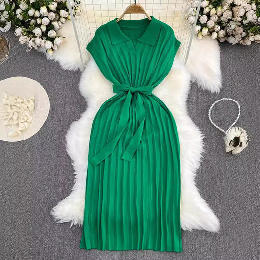 Women's French Retro Loose Waist-controlled Lace-up A- Line Knitted Dress
