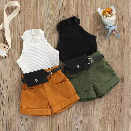 ✨ Ensemble Estival Sans Manches – Haut à Rayures & Short Volanté