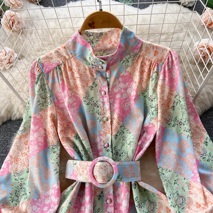 French Retro Printed Pleated Waist Tight Puff Sleeve Midi Dress