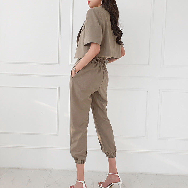 Feminine Tie Waist Casual Pants Two Piece Set
