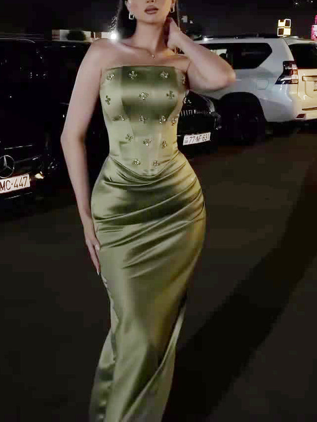 Robe Satin Bustier Strass Plisée