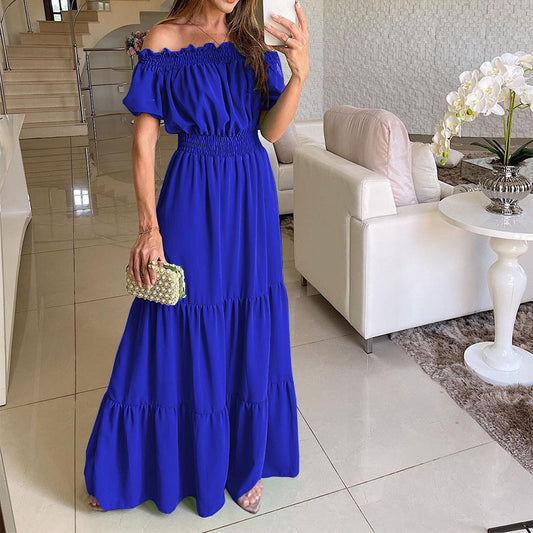 Robe Bardot Élégance  – Manches Bouffantes & Taille Haute