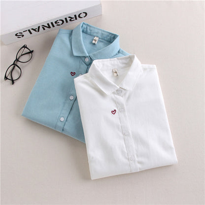 Women's Heart-shaped Embroidered Oxford-woven Bottoming Shirt Top