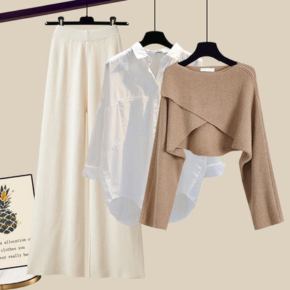 👑 Zeynab– Ensemble 3 Pièces Pull Tricoté, Chemis et Pantalon Large