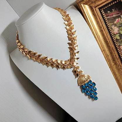 Blue Bright Crystal Oval Stud Earrings Wheat Plain Gold Necklace