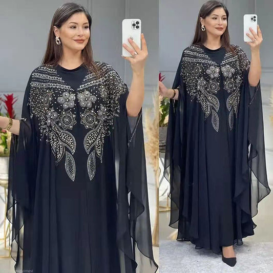 🌺 Nouriya – Robe Longue Fleurie à Strass & Dentelle 💎🌸