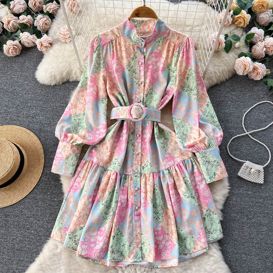 French Retro Printed Pleated Waist Tight Puff Sleeve Midi Dress