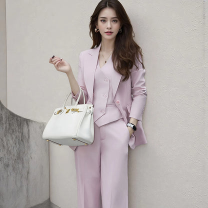 Ensemble 3 Pièces Tailleur Gilet Pantalon Rose Lotus