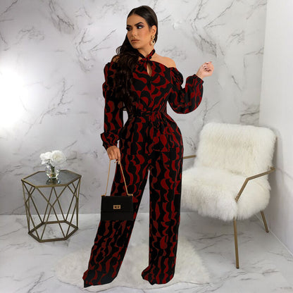 Printed Women's Long-sleeved Halter Jumpsuit
