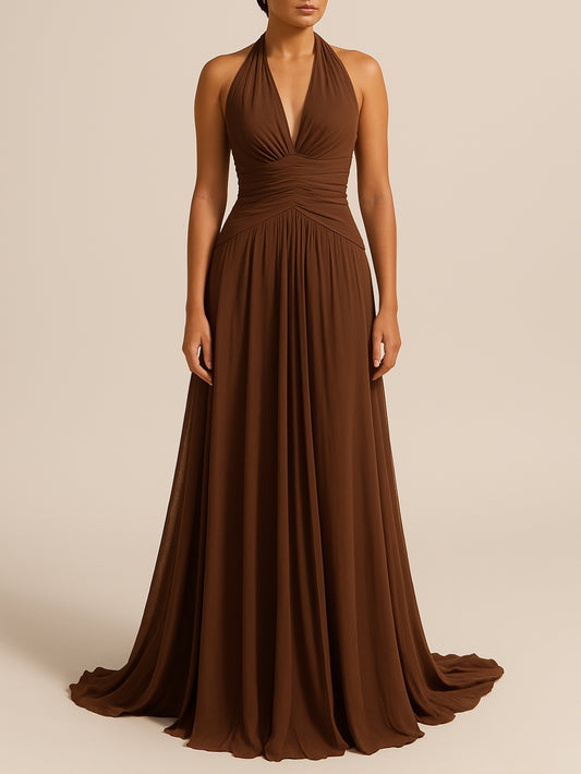 Robe Longue Halter Dos Nu Marron