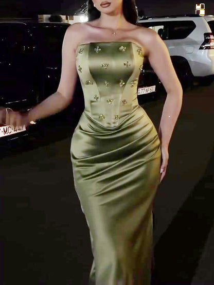 Robe Satin Bustier Strass Plisée