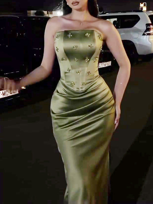 Robe Satin Bustier Strass Plisée