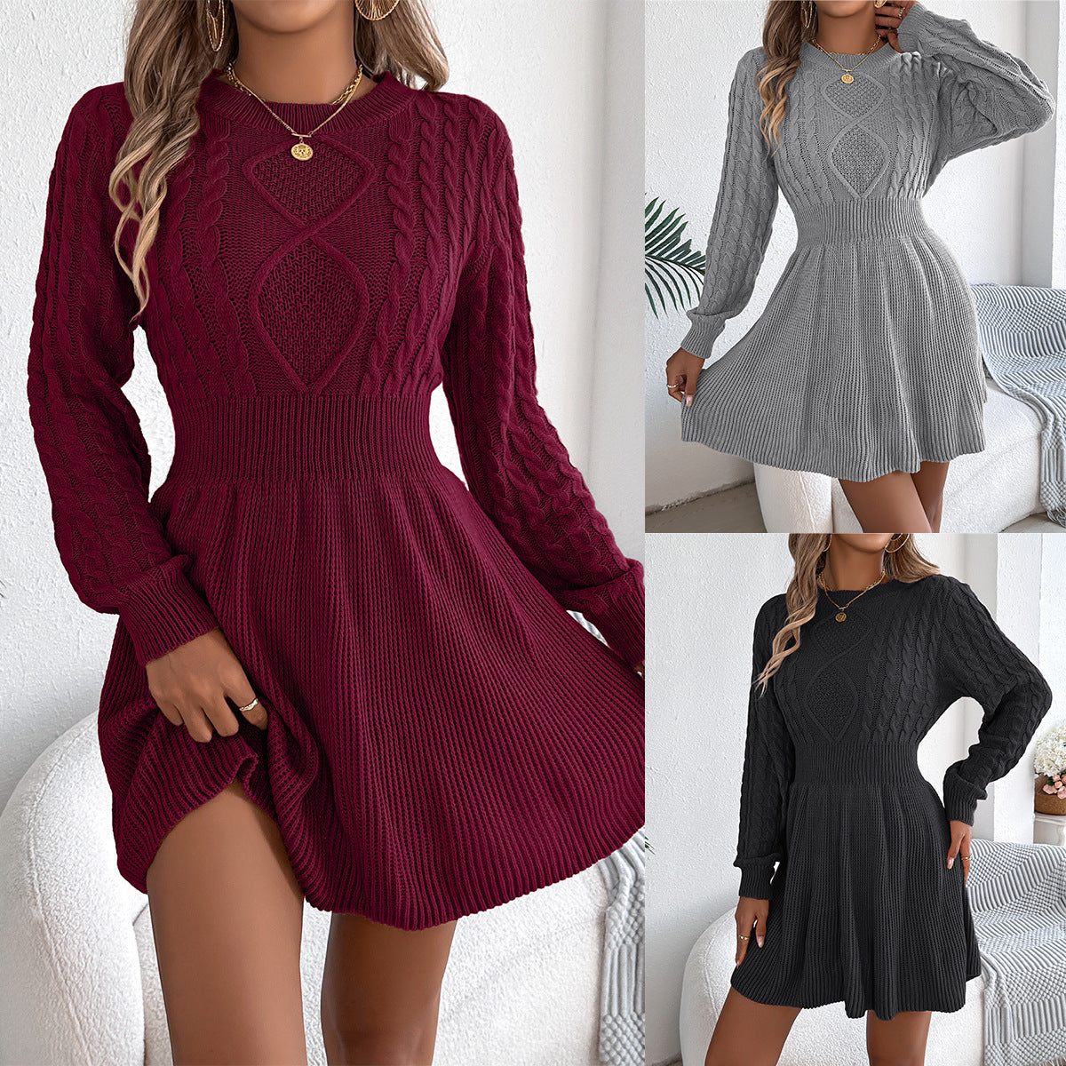 ✨ Ayomide – Robe Pull Longue à Taille Cintrée et Manches Lanternes