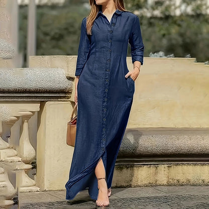 Robe longue en jean pour femme – Décontractée, boutonnée, manches longues, avec poches