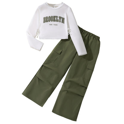 Girl All-match Letter Long Sleeve Sweater Wide Leg Pleated Overalls
