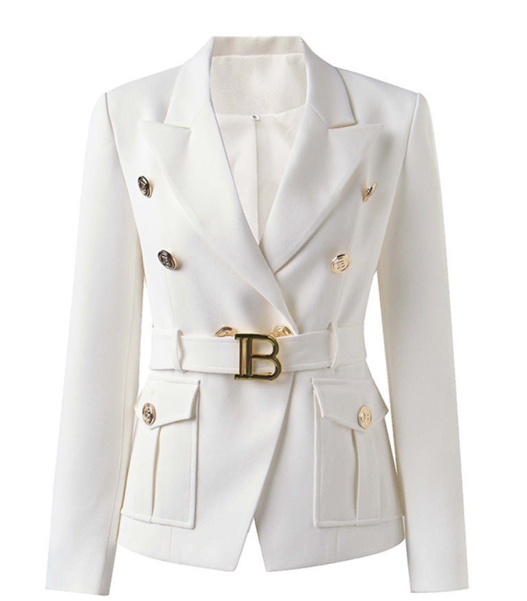 Women's Belt Metal Buckle Black And White Two Color Pocket Slim Small Suit Temperament Coat