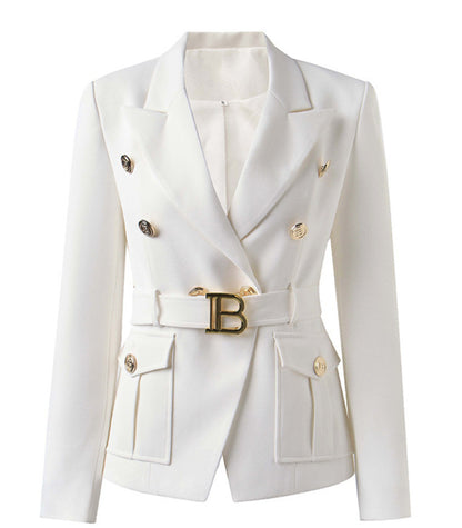 Women's Belt Metal Buckle Black And White Two Color Pocket Slim Small Suit Temperament Coat