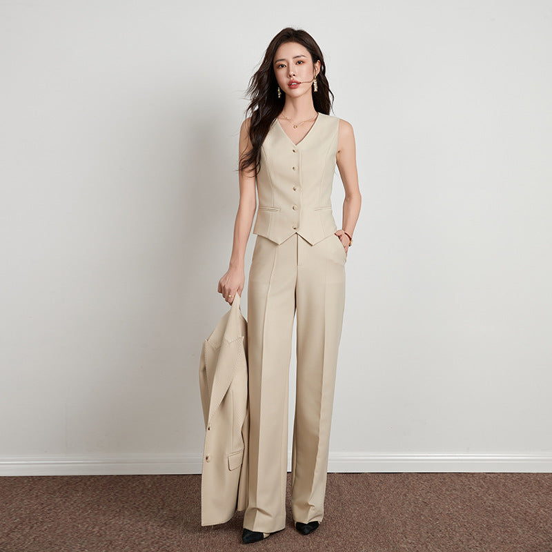 Ensemble Beige Style Britannique Pantalon Large Femme