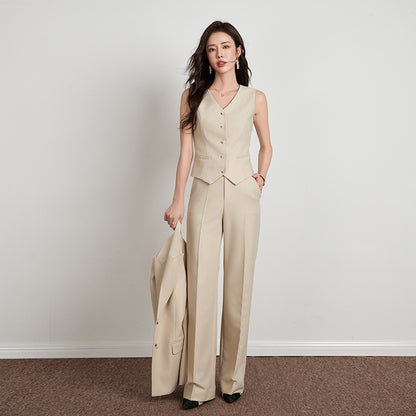 Ensemble Beige Style Britannique Pantalon Large Femme