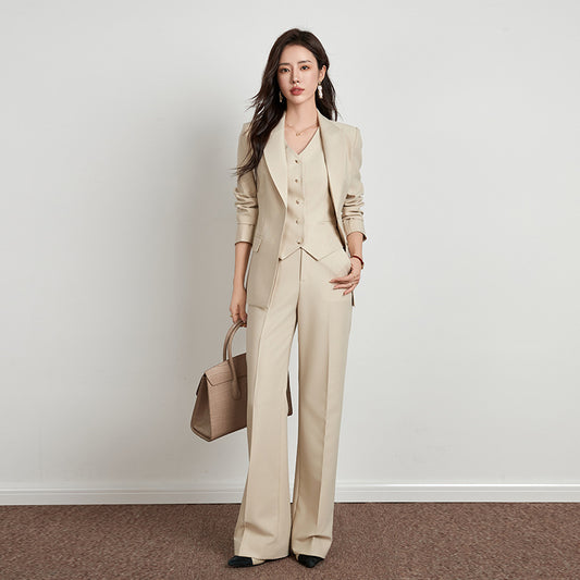 Ensemble Beige Style Britannique Pantalon Large Femme
