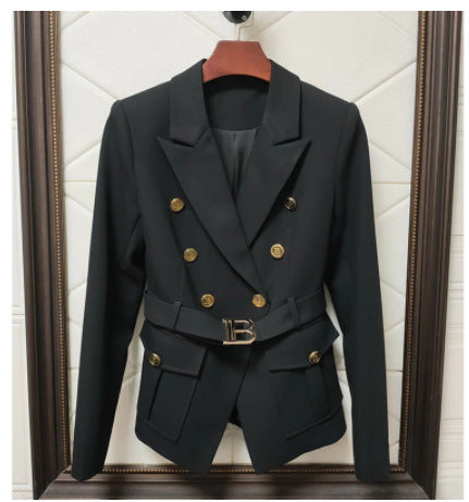 Women's Belt Metal Buckle Black And White Two Color Pocket Slim Small Suit Temperament Coat