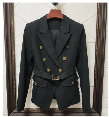 Women's Belt Metal Buckle Black And White Two Color Pocket Slim Small Suit Temperament Coat
