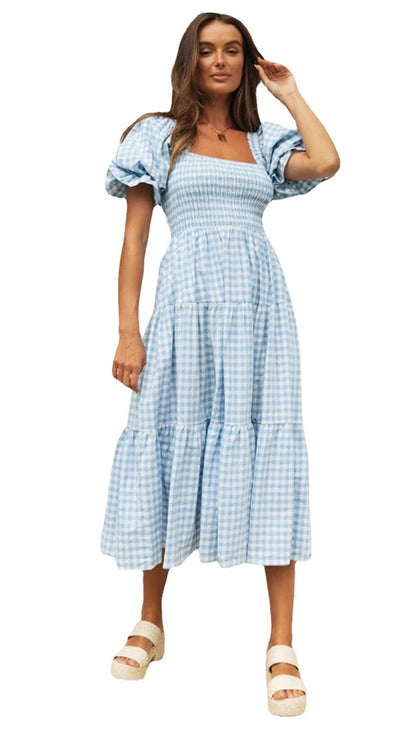 Douce Brise à Carreaux – Manches Bouffantes & Taille Haute