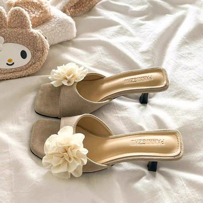 Mules Daim Floral Talon Carré
