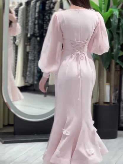 Robe Sirène Florale Manches Longues Rose