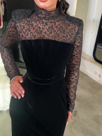 Ensemble Deux Pièces Robe Maxi Velours Dentelle Paillettes Noire