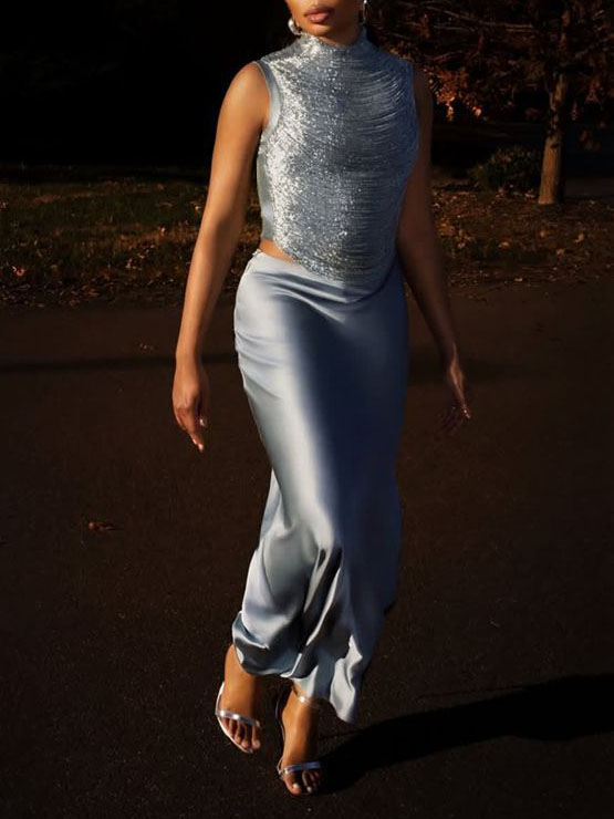Ensemble Satin Franges Jupe Sirène