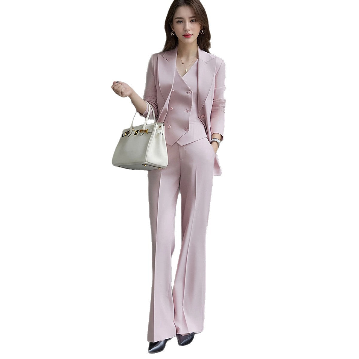 Ensemble 3 Pièces Tailleur Gilet Pantalon Rose Lotus