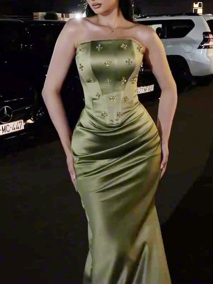 Robe Satin Bustier Strass Plisée