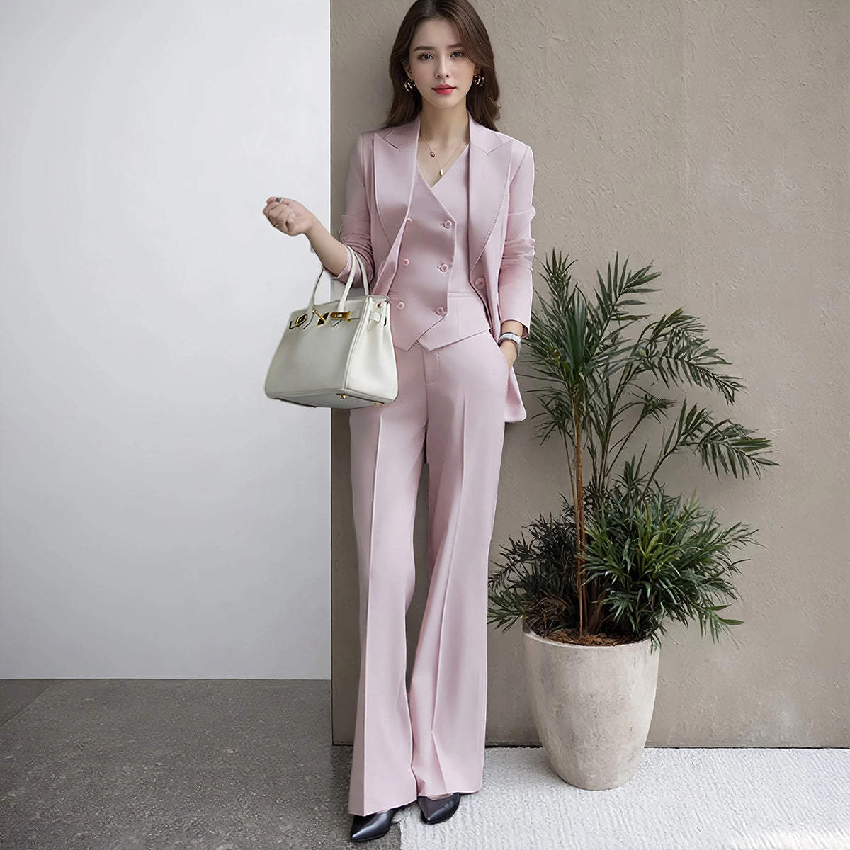 Ensemble 3 Pièces Tailleur Gilet Pantalon Rose Lotus