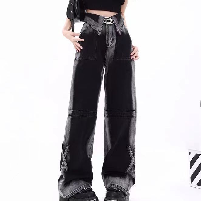 Nafissa – Jean Droit Taille Haute à Revers Dégradés