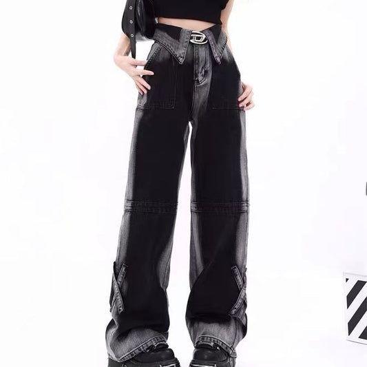 Nafissa – Jean Droit Taille Haute à Revers Dégradés