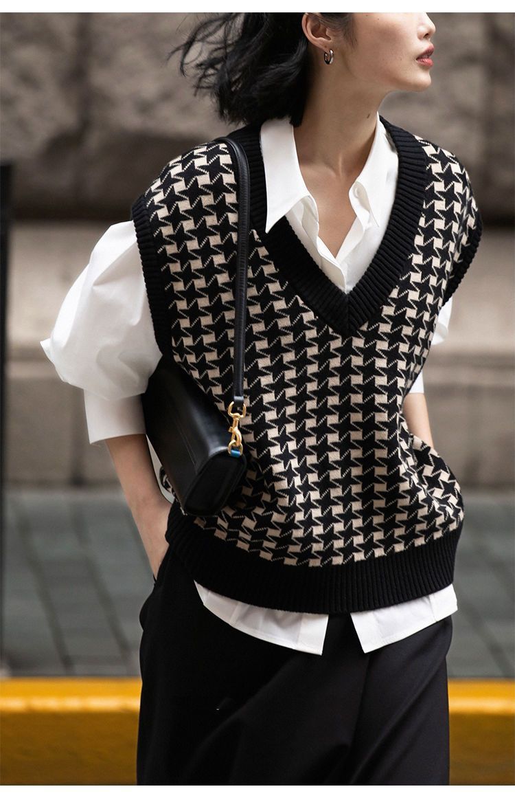 🖤 Diarria – Gilet tricoté à carreaux pied-de-poule