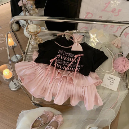 Girls' Pleated Skirt Western Style Letter T-shirt Two-piece Suit