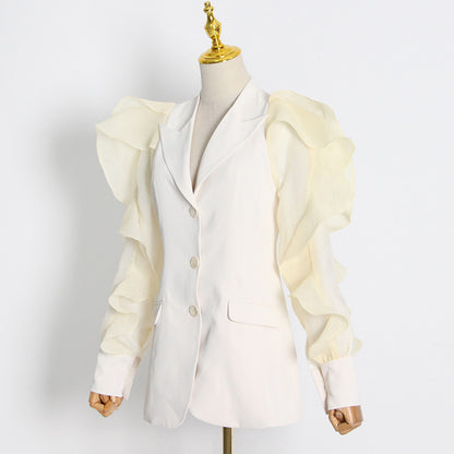Personality Lapel Gauze Stitching Puff Sleeves High-quality Slim Suit Jacket