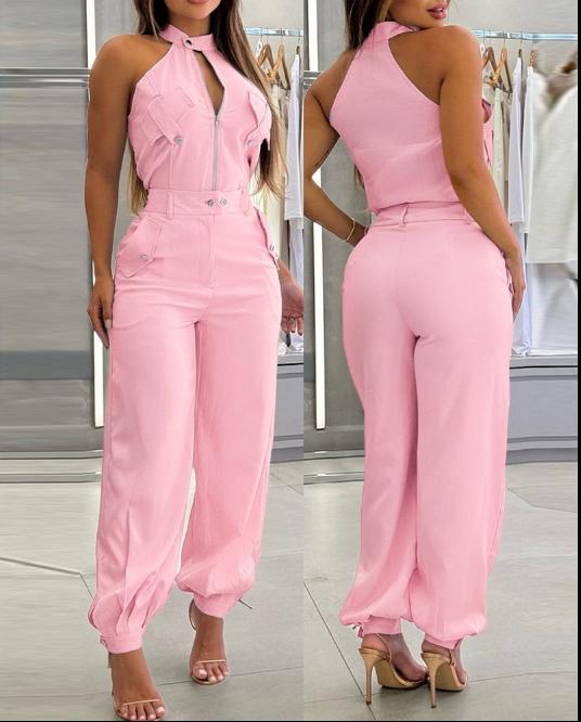 Ensemble Deux Pièces Haut Halter Pantalon Casual Femme