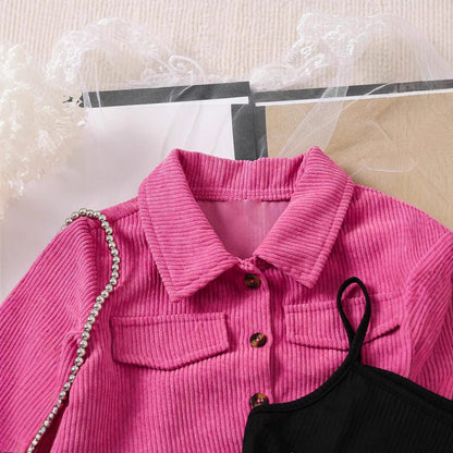💖Manteau Velours Côtelé, Jupe & Top Bretelle (3 Pièces)