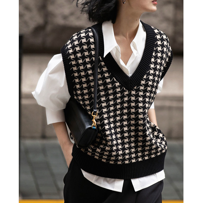 🖤 Diarria – Gilet tricoté à carreaux pied-de-poule