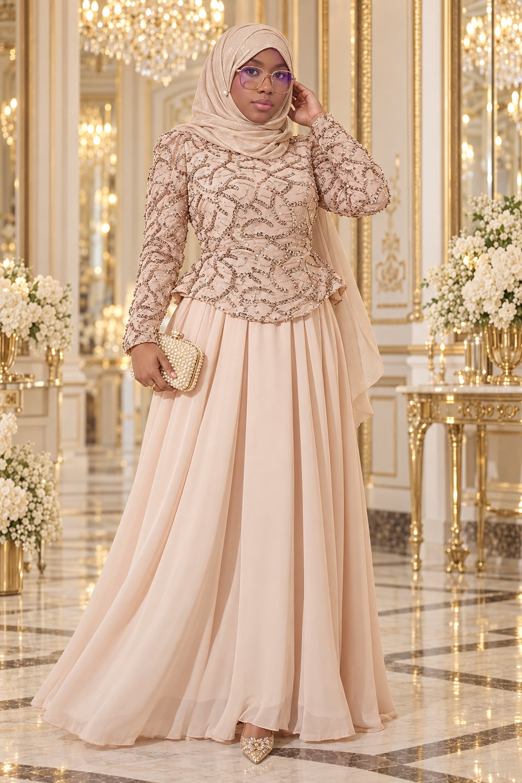 Robe de soirée DIJANTA brodée de sequins et perles – Beige – vue entière