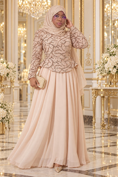 Robe de soirée DIJANTA brodée de sequins et perles – Beige – vue entière