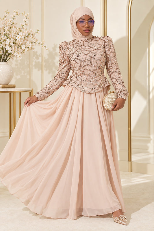 Robe de soirée DIJANTA brodée de sequins et perles – Beige – vue en mouvement
