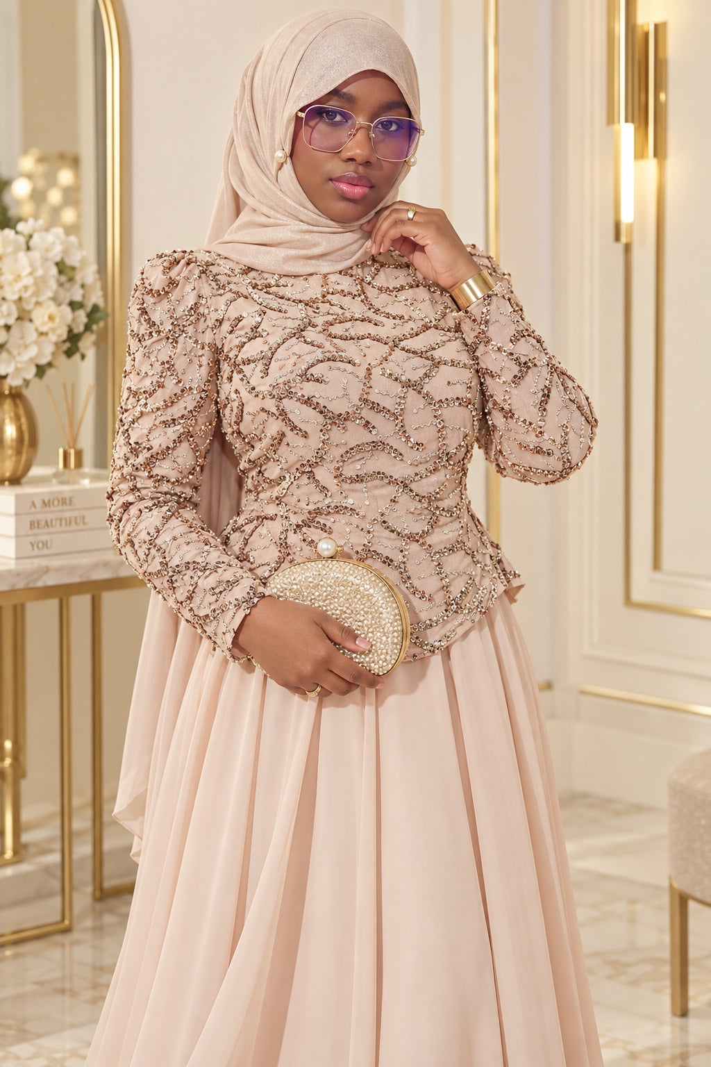 Robe de soirée DIJANTA brodée de sequins et perles – Beige – détail du corsage