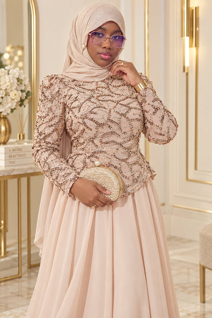 Robe de soirée DIJANTA brodée de sequins et perles – Beige – détail du corsage