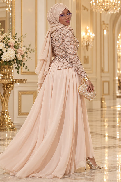 Robe de soirée DIJANTA brodée de sequins et perles – Beige – vue de dos