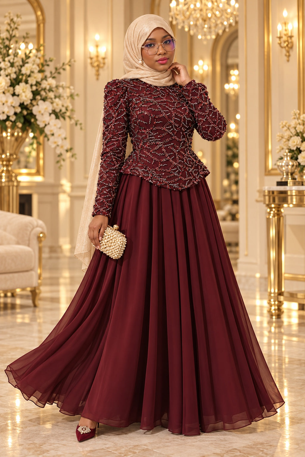 Robe de soirée DIJANTA brodée de sequins et perles – Bordeaux – vue entière