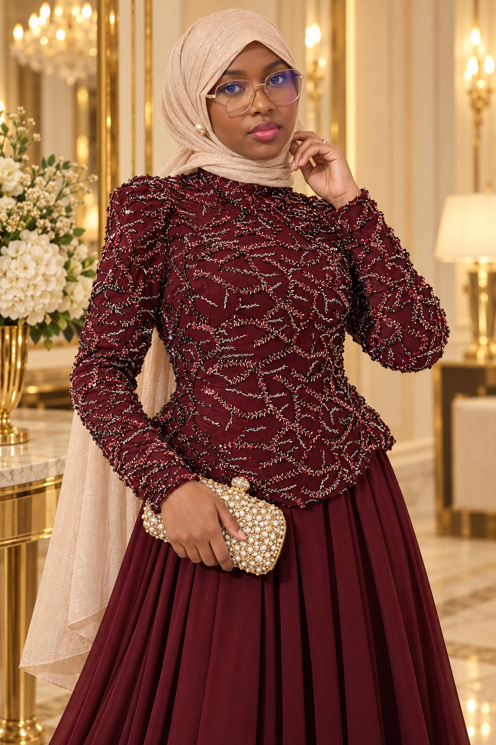 Robe de soirée DIJANTA brodée de sequins et perles – Bordeaux – détail